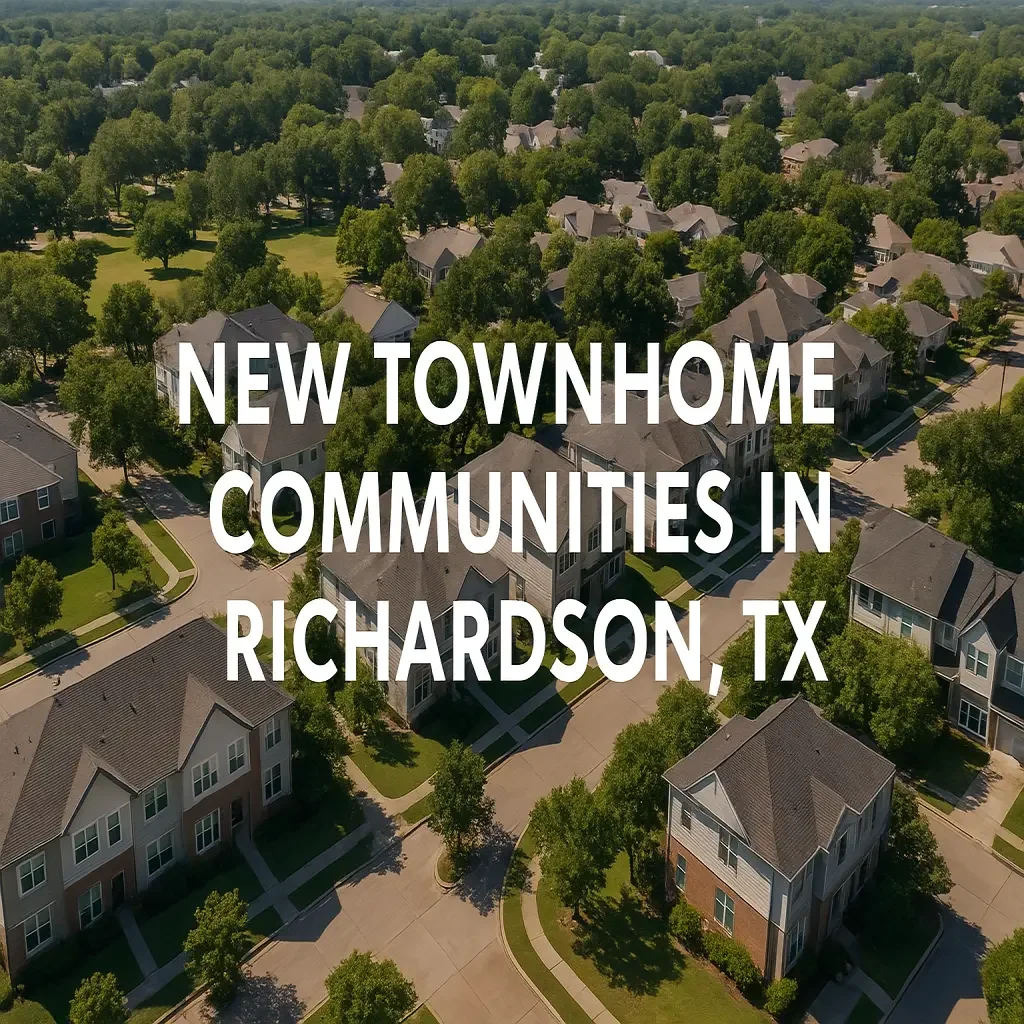 Aerial view of townhomes tucked into a mature Richardson neighborhood—modern design meets established charm.