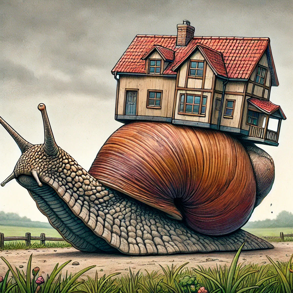 A detailed image showing a snail with a human house for a snail